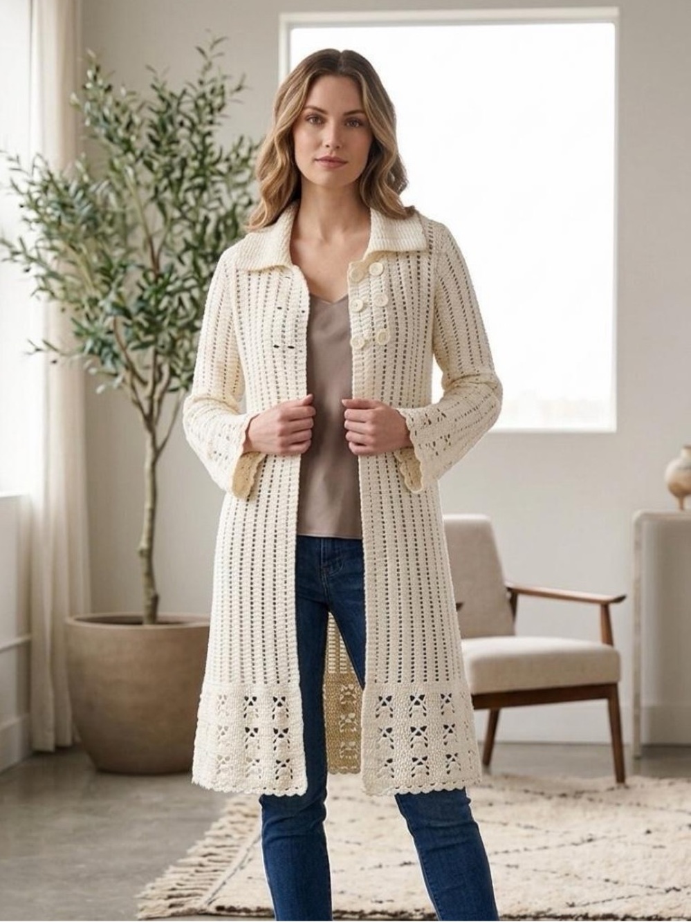 Apt. 9 Cream Long Crochet Openwork Cardigan Coat size XL